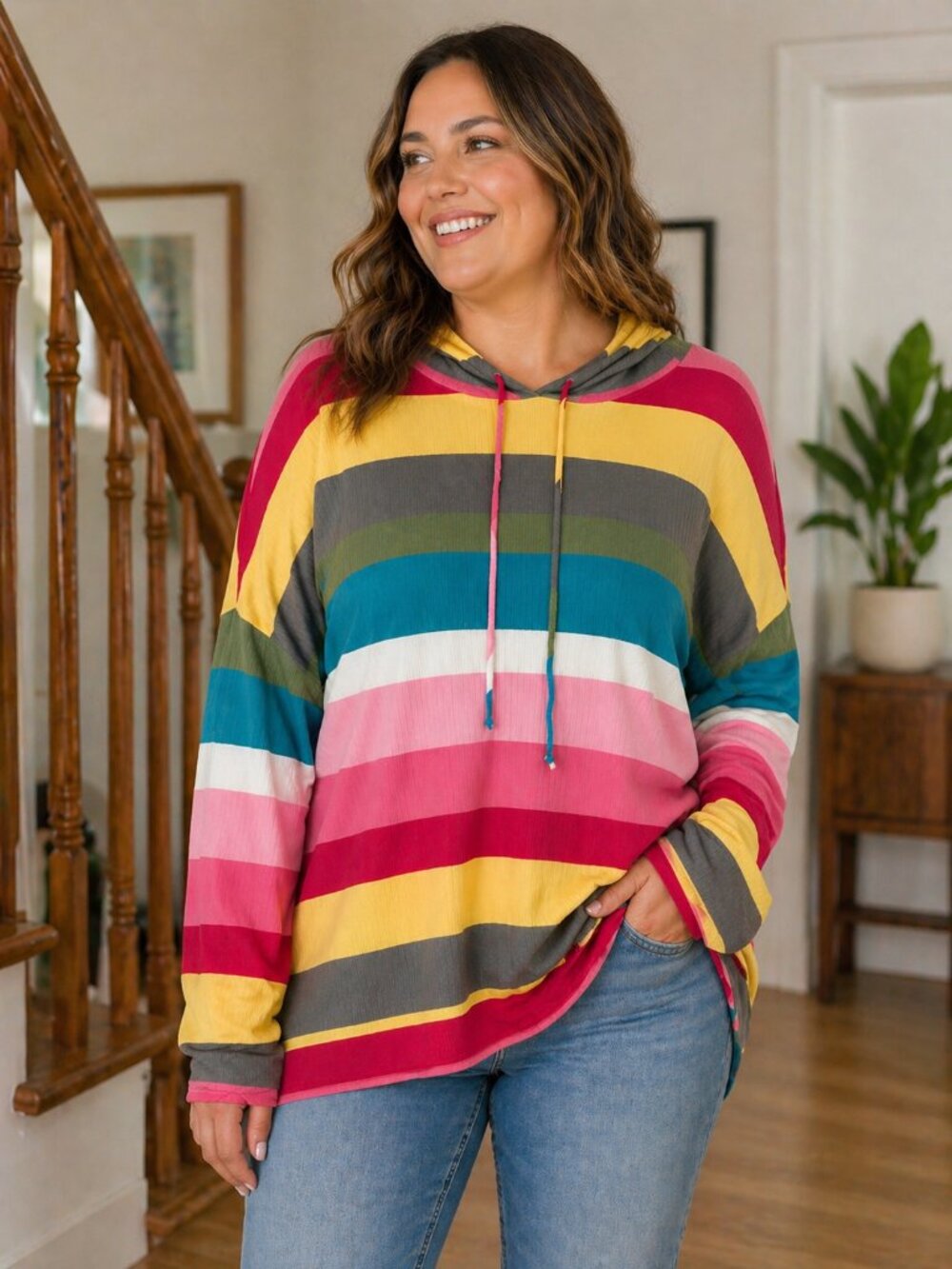 LIA women's striped ribbed, lightweight hoodie; 1X, 2X, 3X sizes